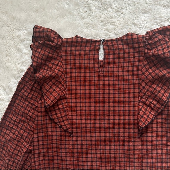 Madewell Blouse Ruffle-Front Top in Plaid Warren Check Faded Rust S - Picture 7 of 13